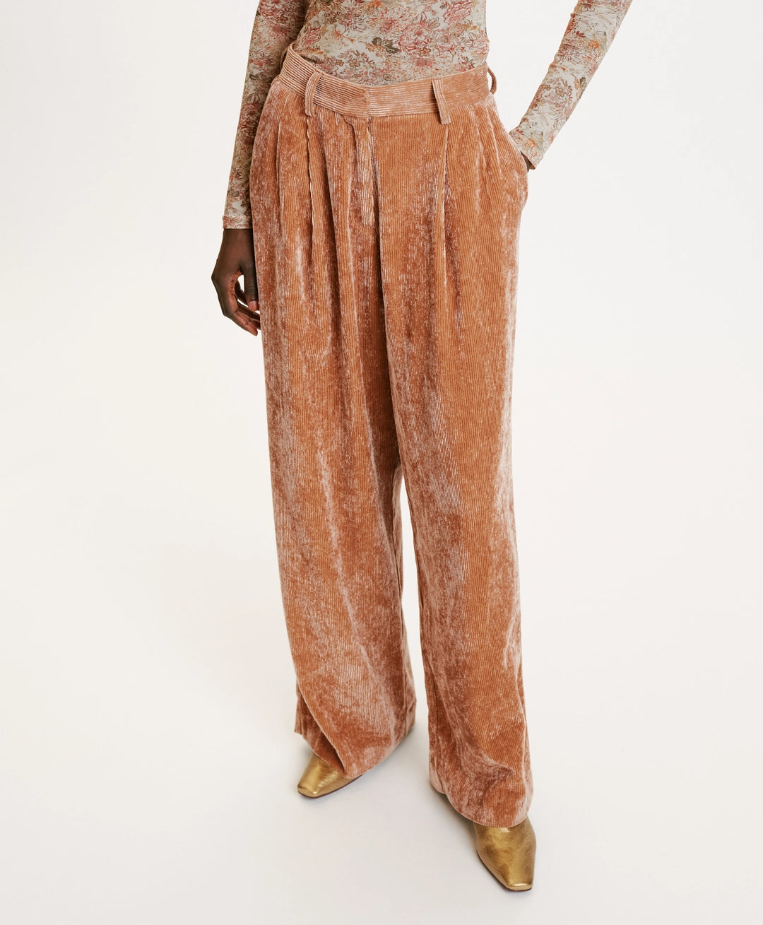 PANTALON KYOTO EN VELOURS STRETCH BICOLORE - AMANDE
