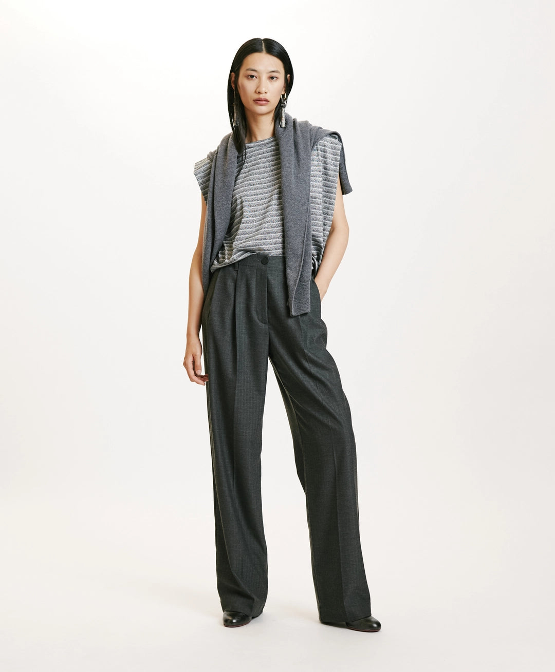 PANTALON SORAI EN CHEVRON VISCOSE LAINE STRETCH - GRIS CHARBON